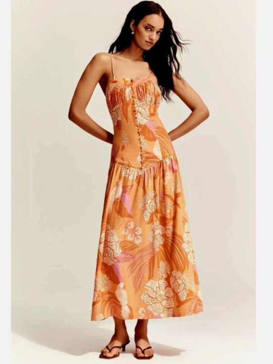 FARM Rio Dresses & Skirts - NWT Farm Rio x Anthro Orange Linen Blend Drop Waist Maxi Dress - Size L